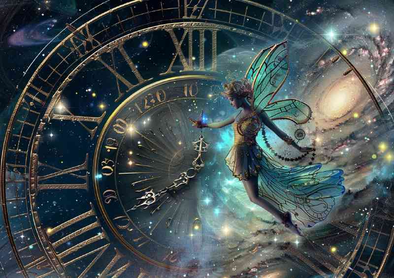 Whimsical scene of an ethereal fairy with world clock | Poster
