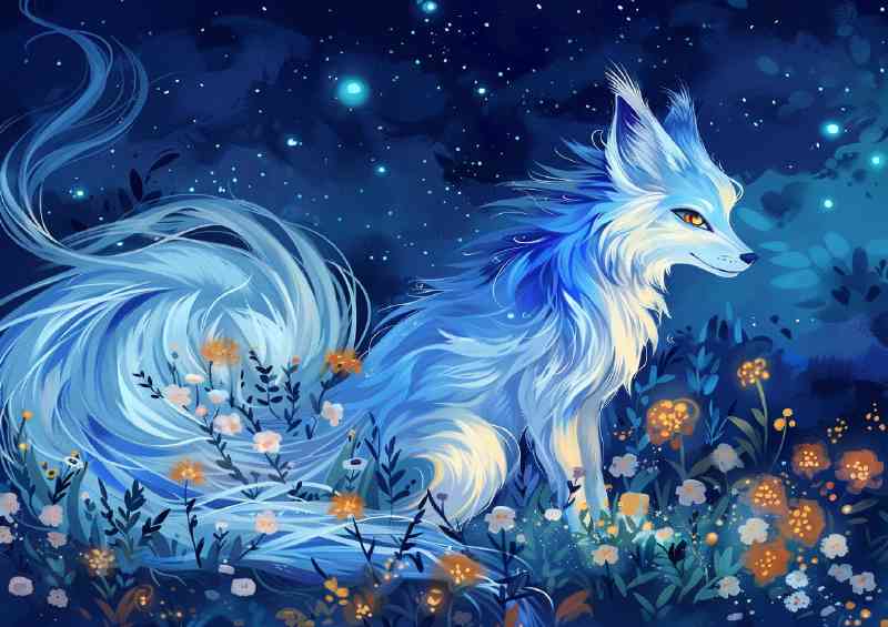White Fox with long blue fur glowing tail | Canvas