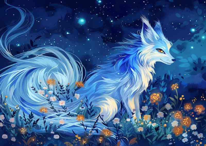 White Fox with long blue fur glowing tail | Poster