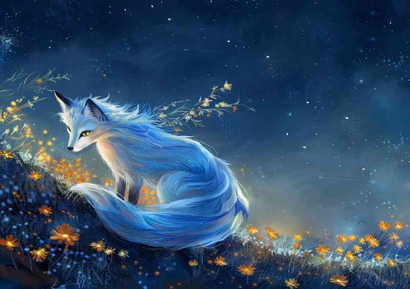 White Fox with long blue fur yellow eyes | Poster