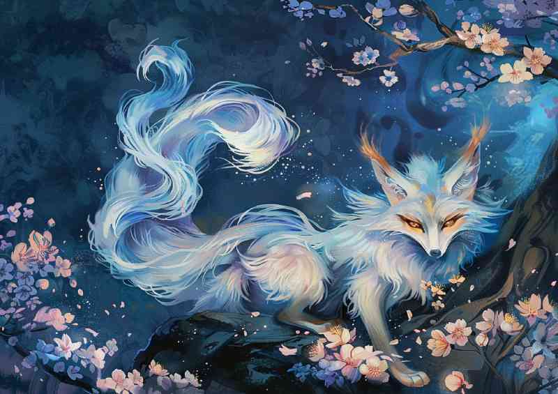 White Fox with nine tails glowing eyes night | Poster