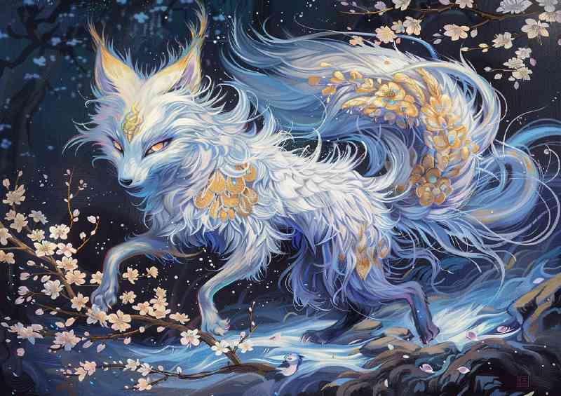 White Fox with nine tails glowing eyes sky | Poster