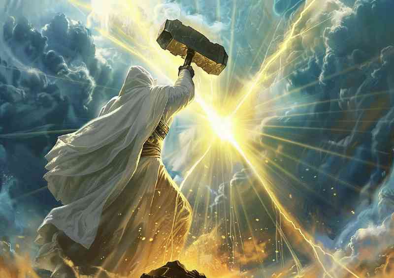 White robed figure is holding an enormous hammer | Poster