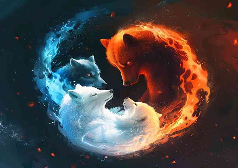 Yin Yang blue wolf and red polar bear | Metal Poster