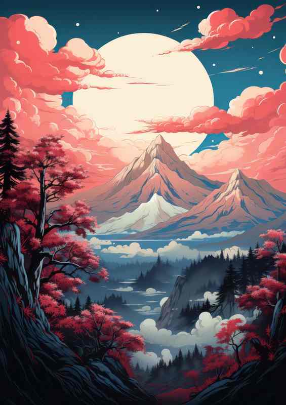 Sakura Splendor Japans Cherry Blossoms and Mountains | Metal Poster