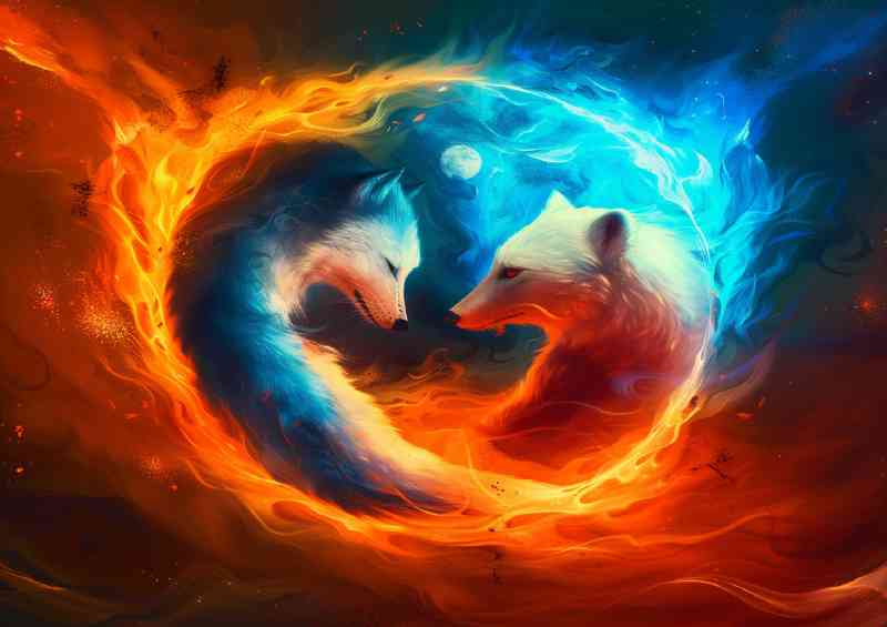 Yin Yang symbol blue wolf and red polar bear | Poster