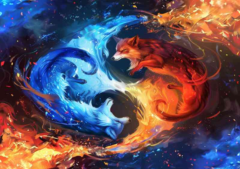 Yin yang symbol with a blue wolf and red floating | Poster