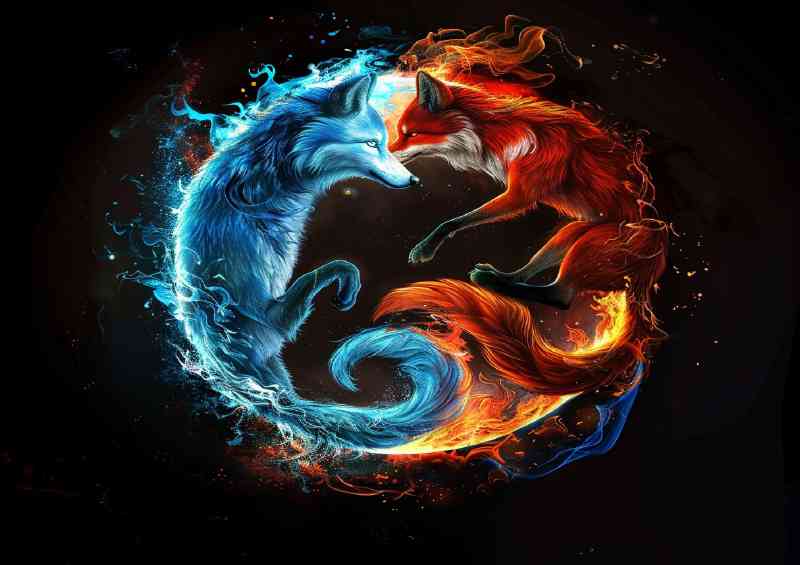 Yin yang symbol with a blue wolf and red fox | Poster