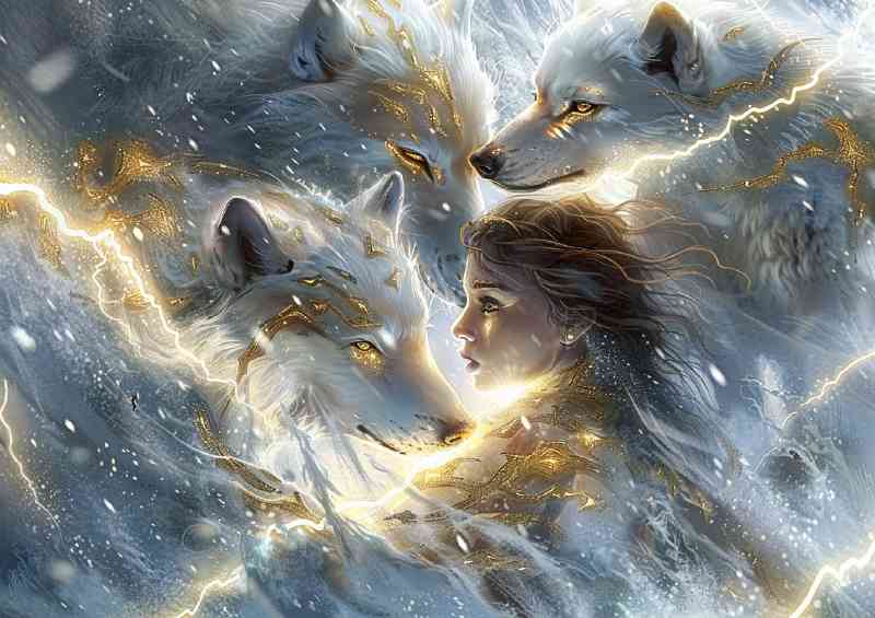 young girl three white wolves | Di-Bond