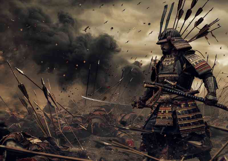 Ancient Japanese warrior in full armor on the field | Canvas