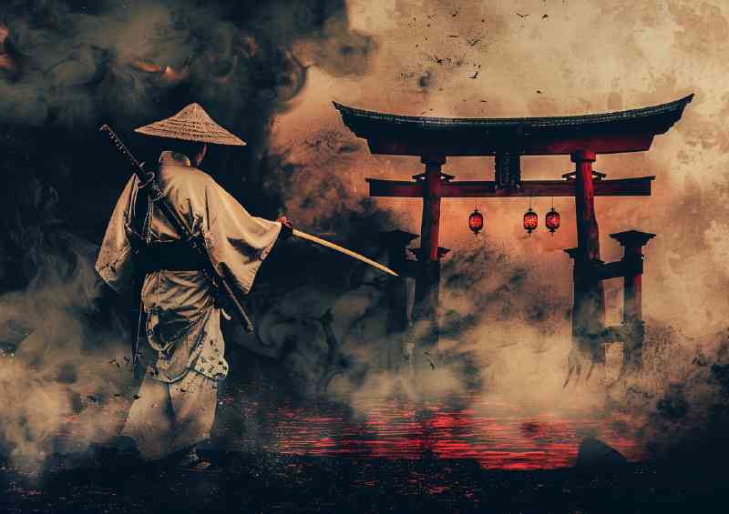 Japanese Samurai holding a katana sword at tori gate | Poster