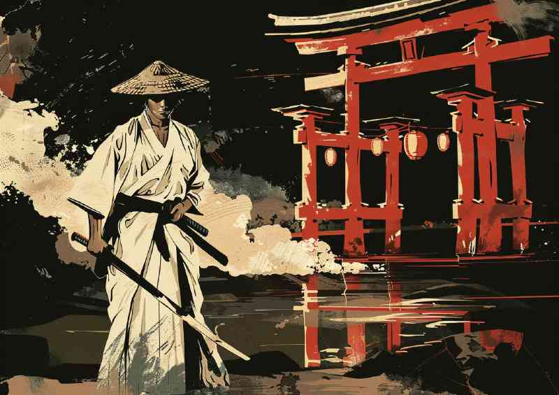 Japanese Samurai holding a katana sword wearing a white art | Metal Poster