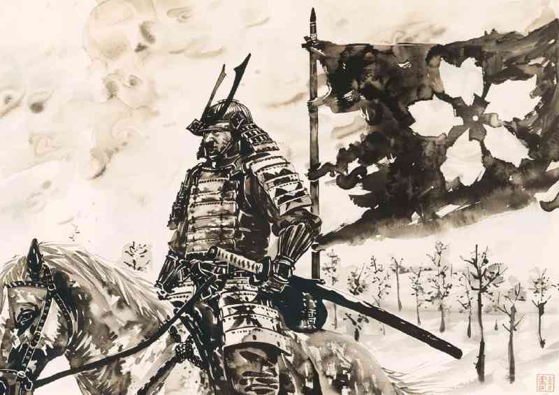 Japanese an armored Samurai on Horse poster art | Metal Poster