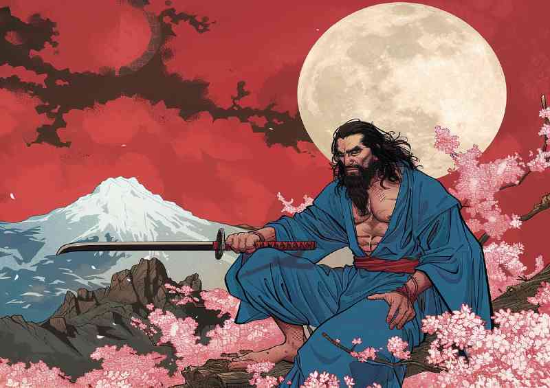 Muscular Samurai man with long black hair and beard | Di-Bond
