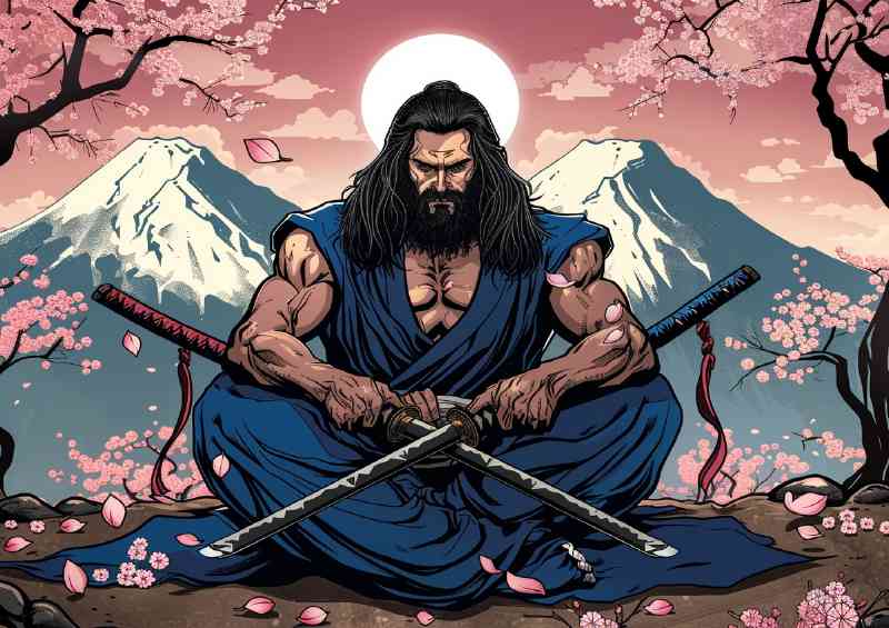 Muscular man with long black hair Samurai poster | Poster