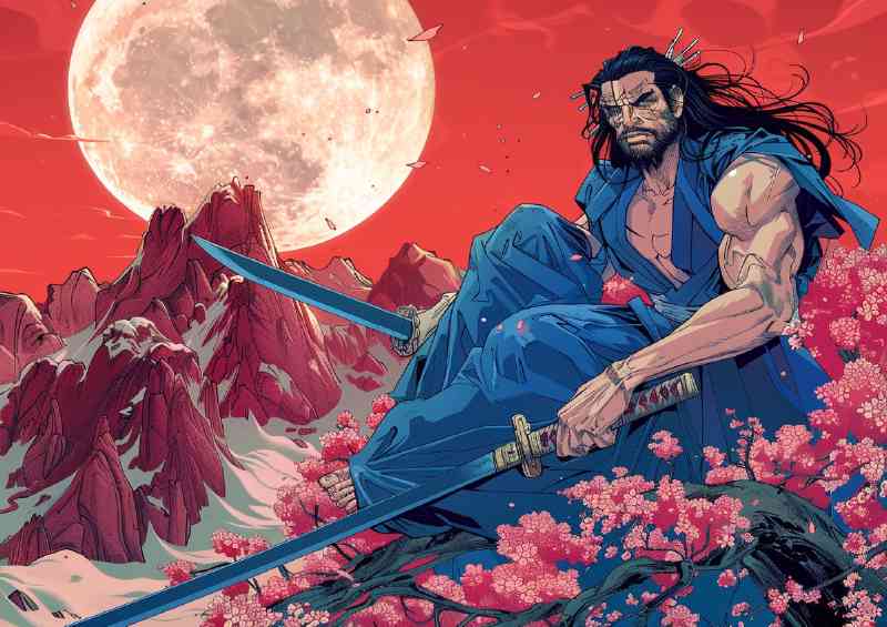 Muscular man with long black hair and beard Samurai | Di-Bond