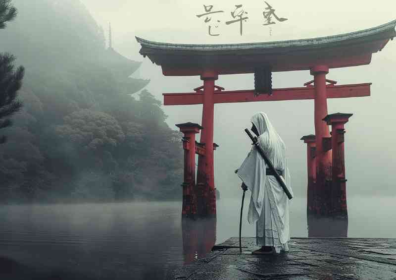 Old samurai in white robes trianing at tori gate | Di-Bond