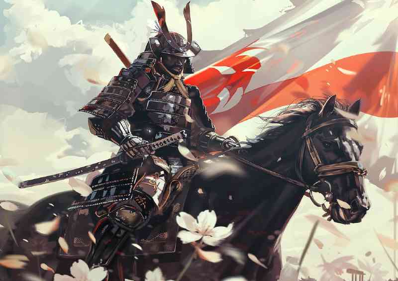 Samurai in full armor on horseback Japanese flag | Canvas