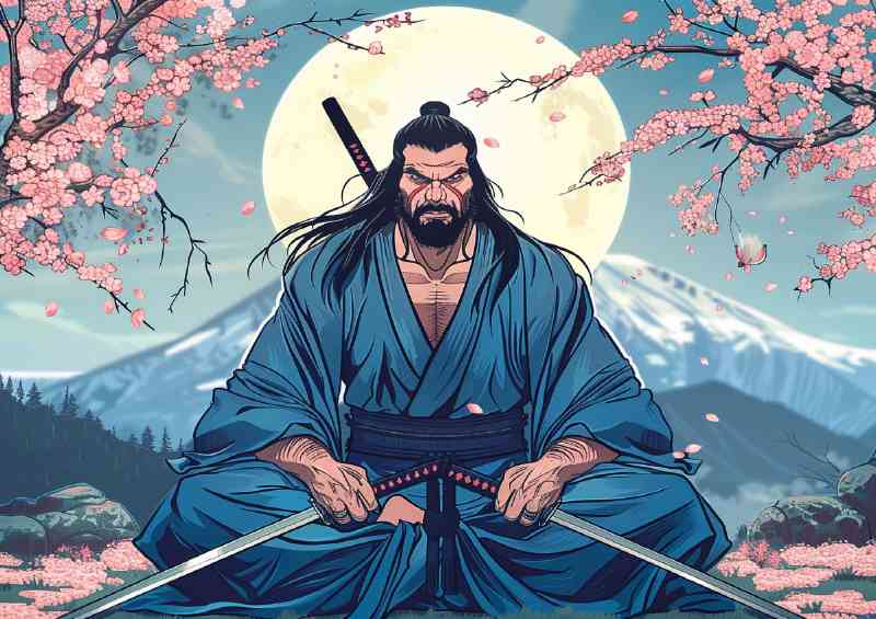 Samurai man with long black hair and beard art | Canvas