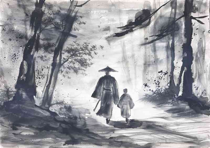 Samurai with his child walking | Metal Poster