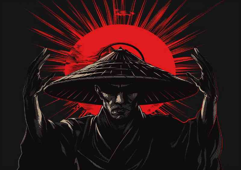Samurai with his hat on is holding up the red sun | Metal Poster