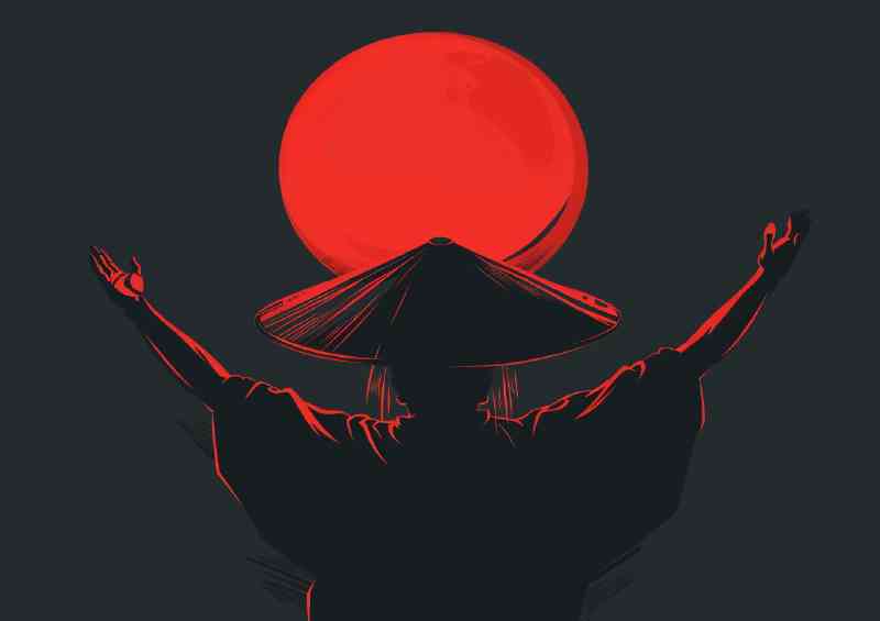 Samurai with his hat on looking at red sun | Canvas