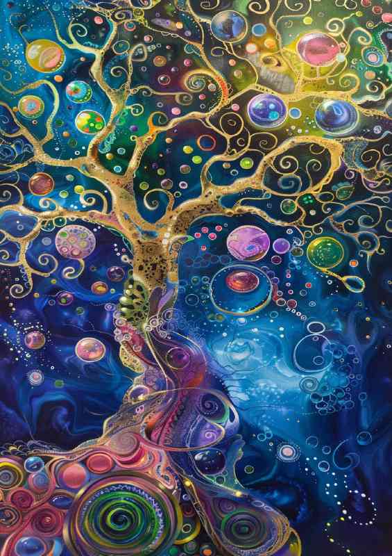 Tree of life with colorful bubbles and swirls | Metal Poster