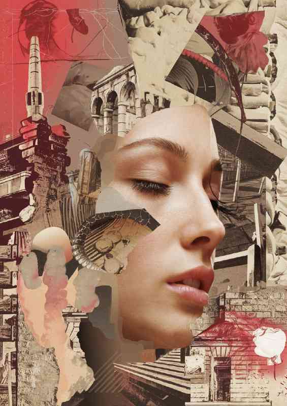 Captivating clooage of ladys face mixed media | Metal Poster
