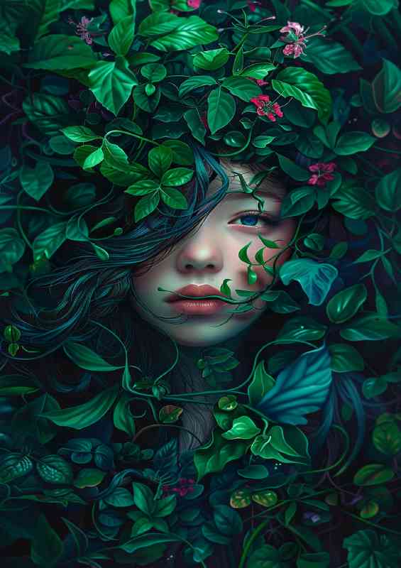 Enchanting girls face behine the folliage | Canvas