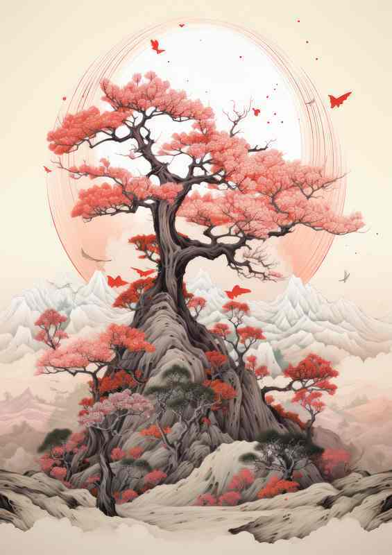 Tranquil Moments Japanese Mountains and Cherry Blossoms | Poster