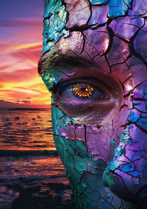 Mans face with ocean and setting sun | Metal Poster
