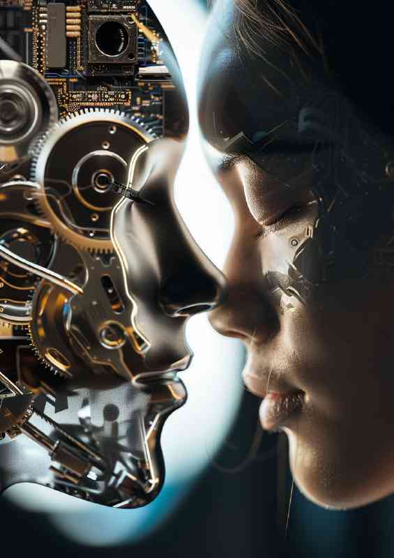 Robotic face and lady | Metal Poster