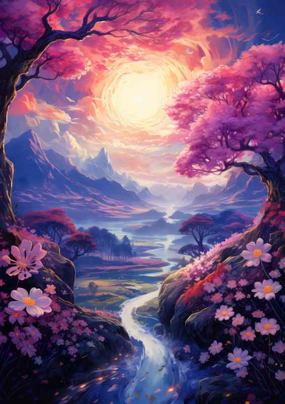 Tranquil Waters and Blooming Trees Japans Scenic Beauty | Poster