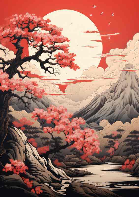 Blossoming Cherry Trees in Japan's Majestic Mountains | Canvas