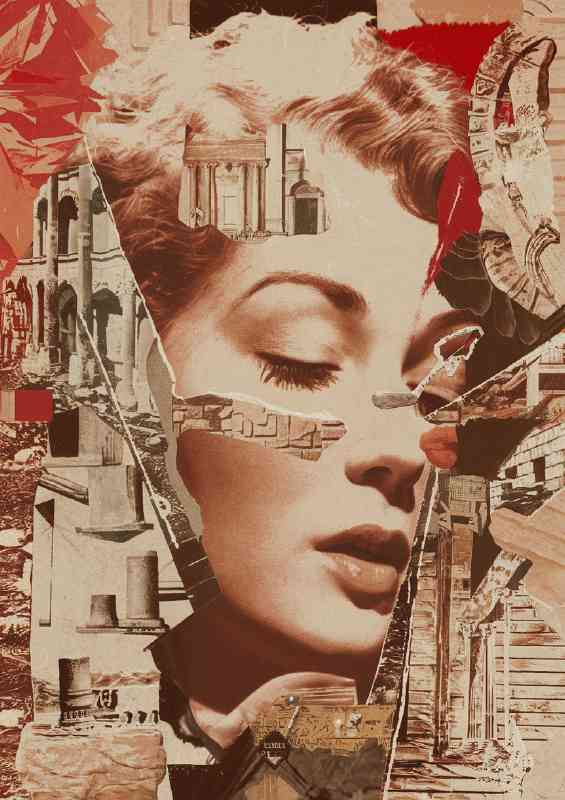 Vintage collage with a woman s face in the Center | Poster