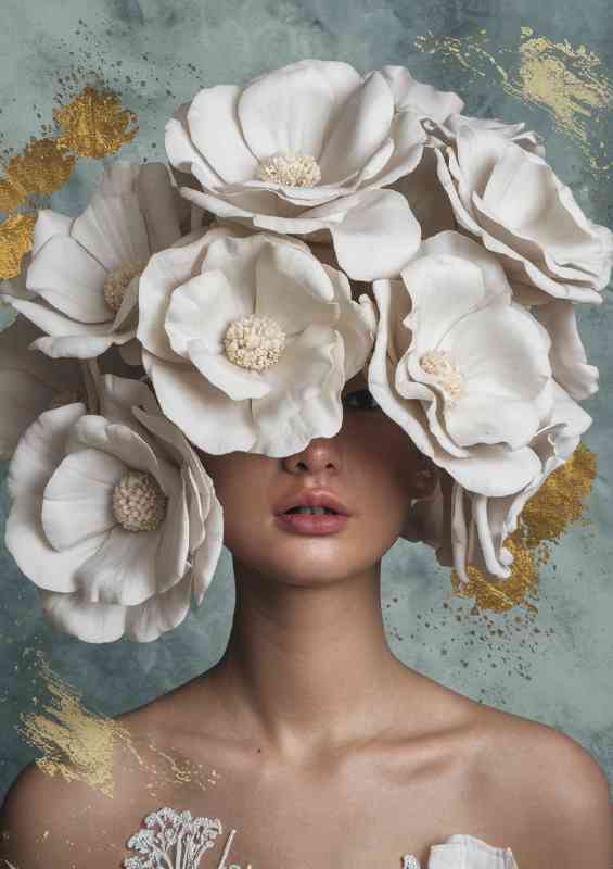 Woman with unique arrangment of white flowers on her face | Canvas