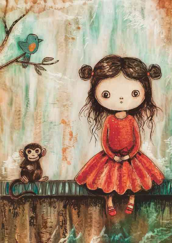 Artistic representation of a young girl with monkey | Canvas