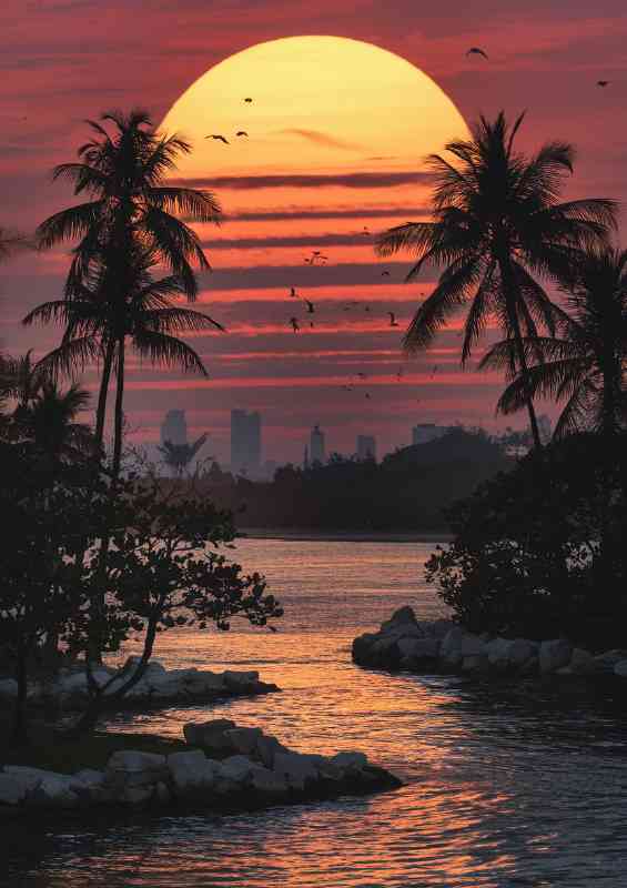 Nightime landscape with layered golden setting sun | Poster