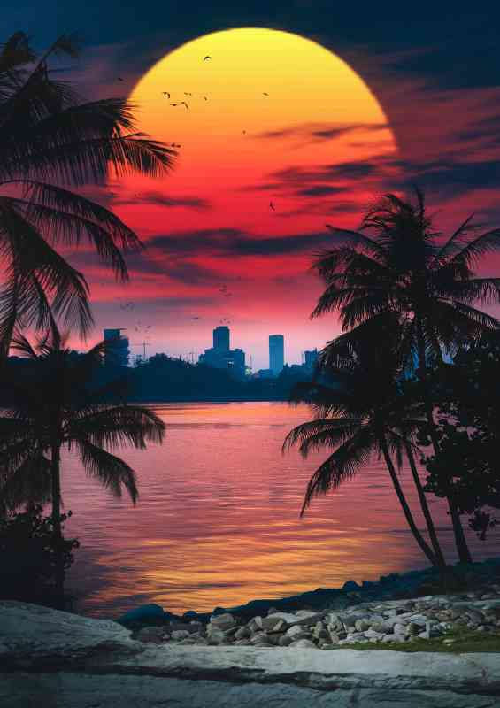 Nighttime landscape with orange red setting sun | Canvas