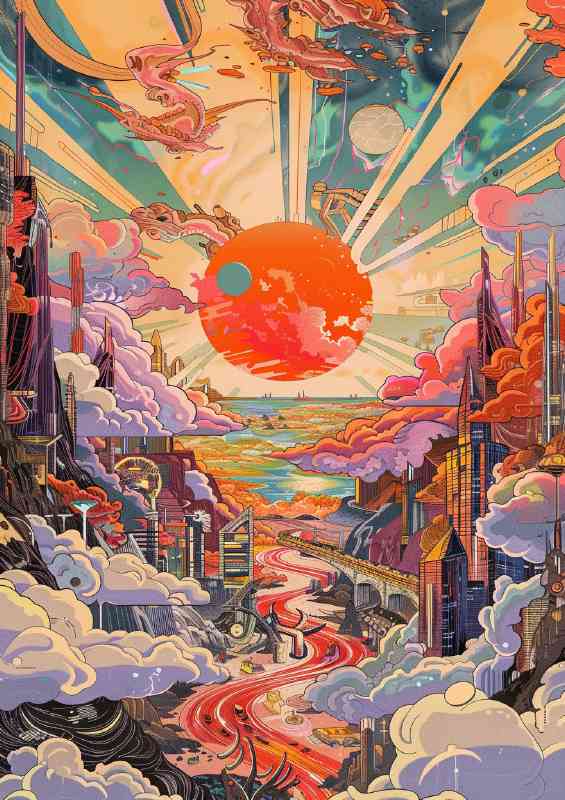Surreal orange sun fluffy clouds | Metal Poster