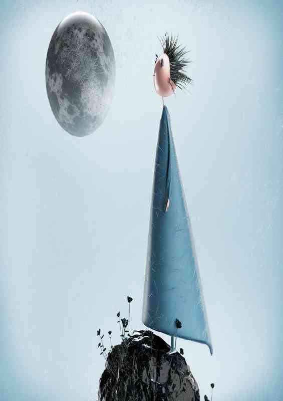 Whimaical boy on the mountain looking at moon | Di-Bond
