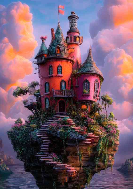 Whimsical house in pink on the edge of an island | Canvas