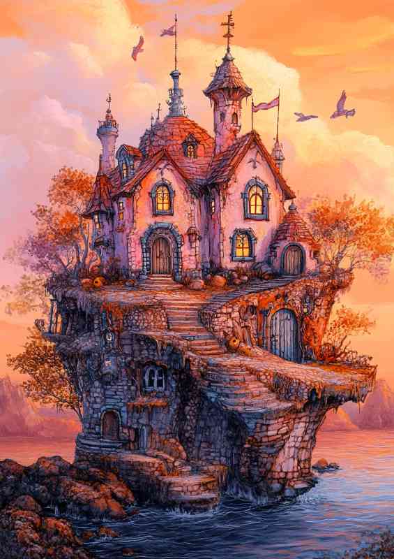 Whimsical house on the edge of an island | Metal Poster
