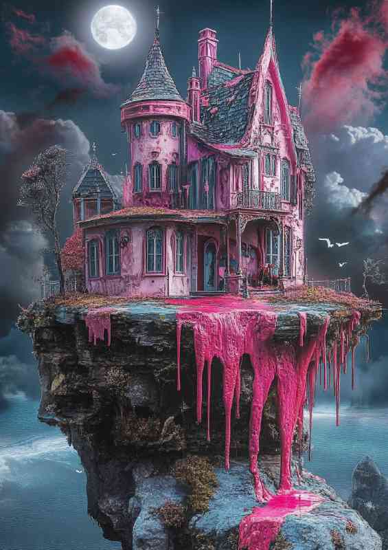 Whimsical house on the edge of an island with pink | Poster