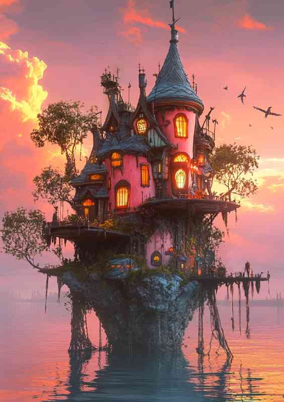 Whimsical house on the edge of an island with pink lake | Di-Bond