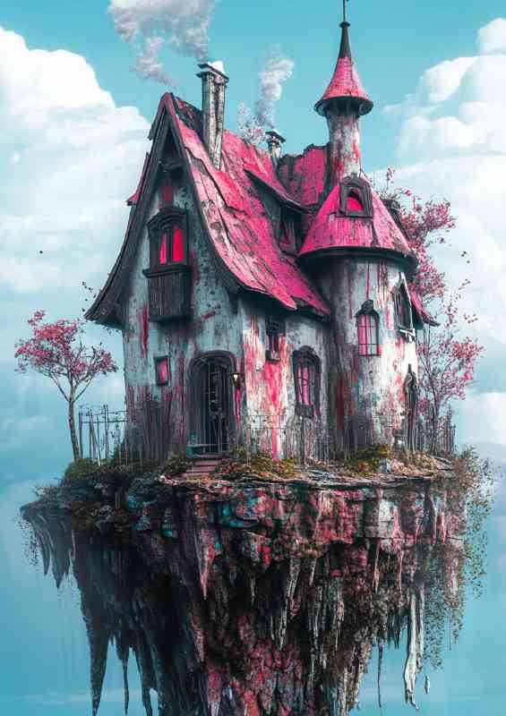 Whimsical pink roof house on the edge of an island | Poster