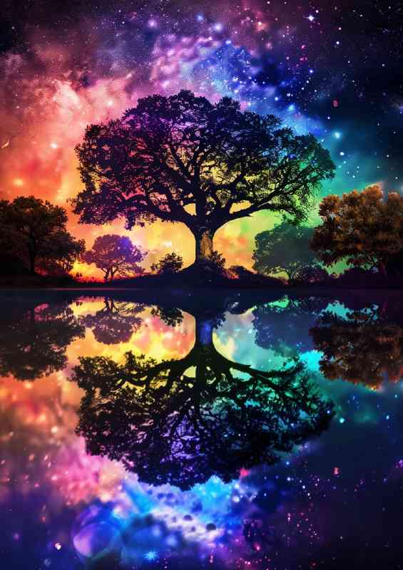 A colorful tree of life with reflection in the lake | Poster