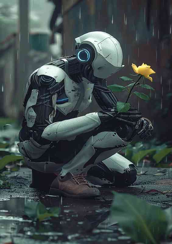 AI robot kneeling down in the rain | Poster