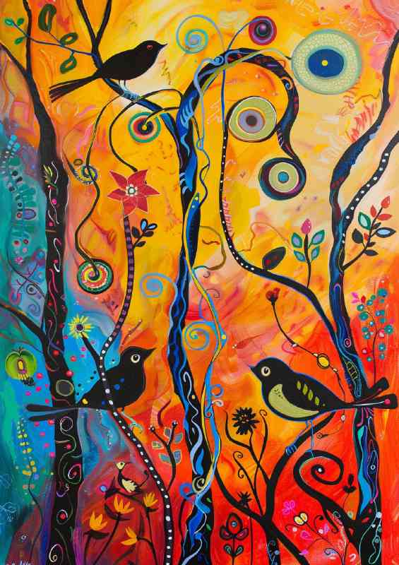 Abstract birds in the swirly trees | Poster