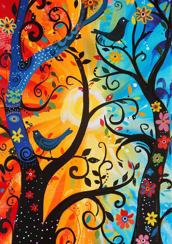 Abstract birds on a magical swirly trees | Poster